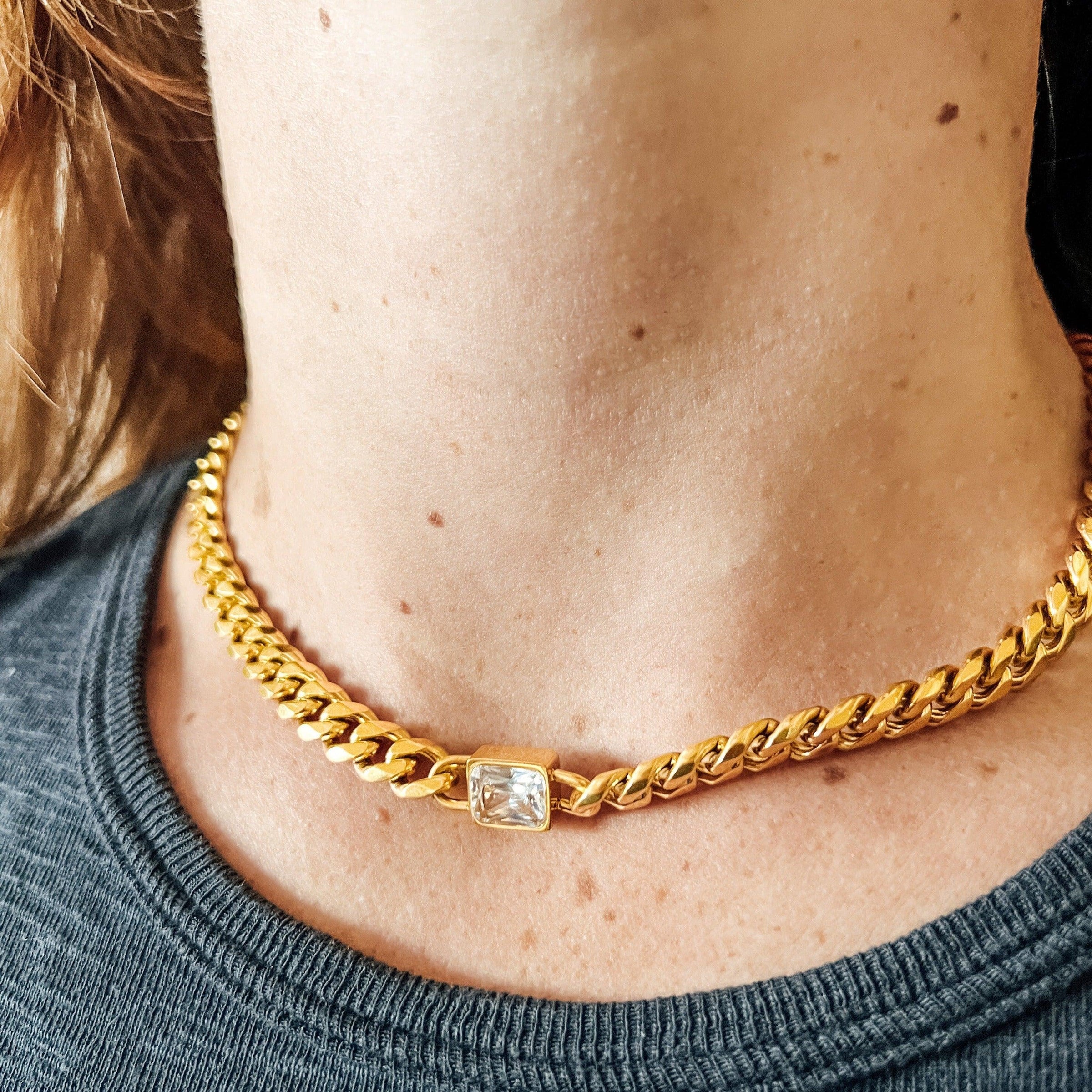 Cuban chain choker with clear CZ stone accent
