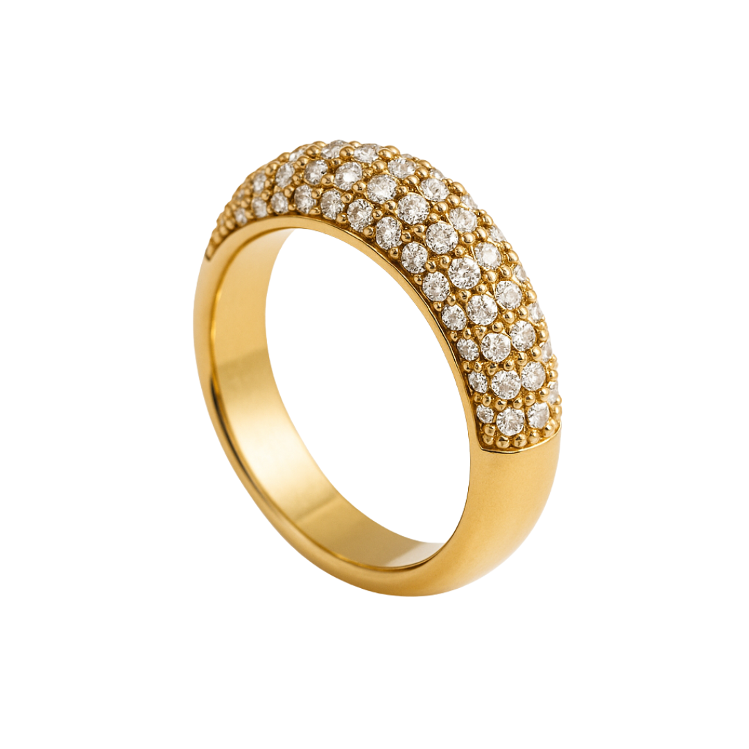 Gold ring with diamond accents on a white background