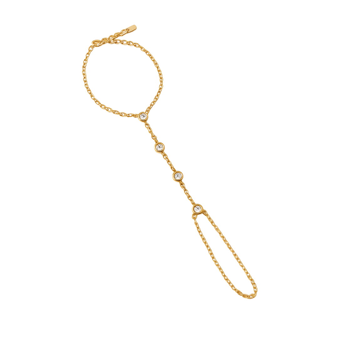 Gold bezel CZ hand chain with wrist bracelet and finger loop in stainless steel
