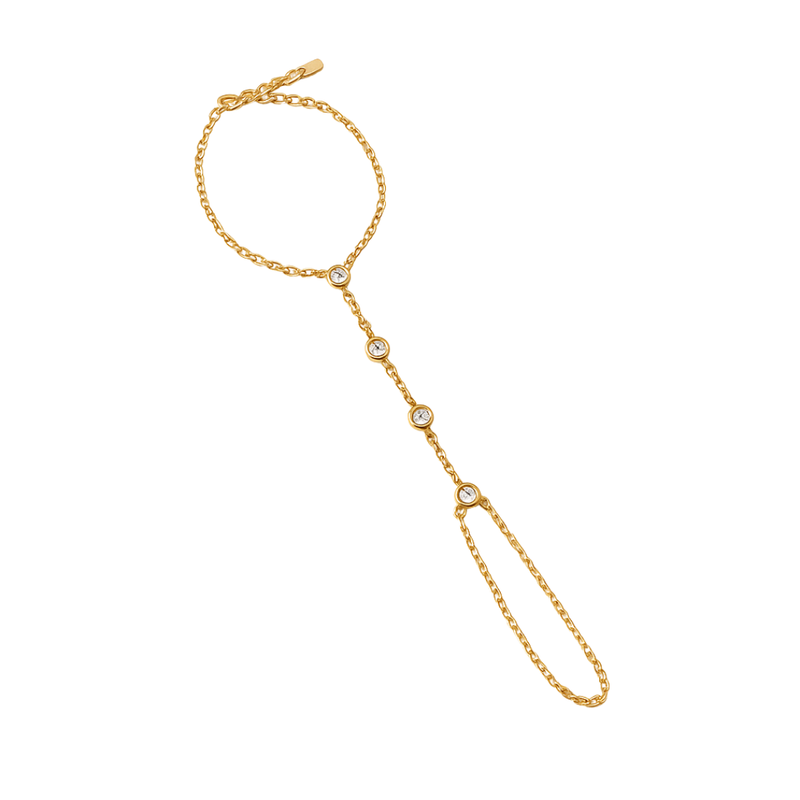 Gold bezel CZ hand chain with wrist bracelet and finger loop in stainless steel