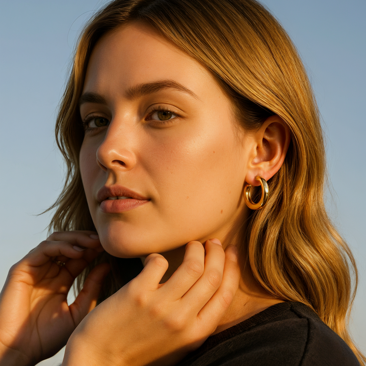 Woman wearing gold hoop earrings with a blurred background