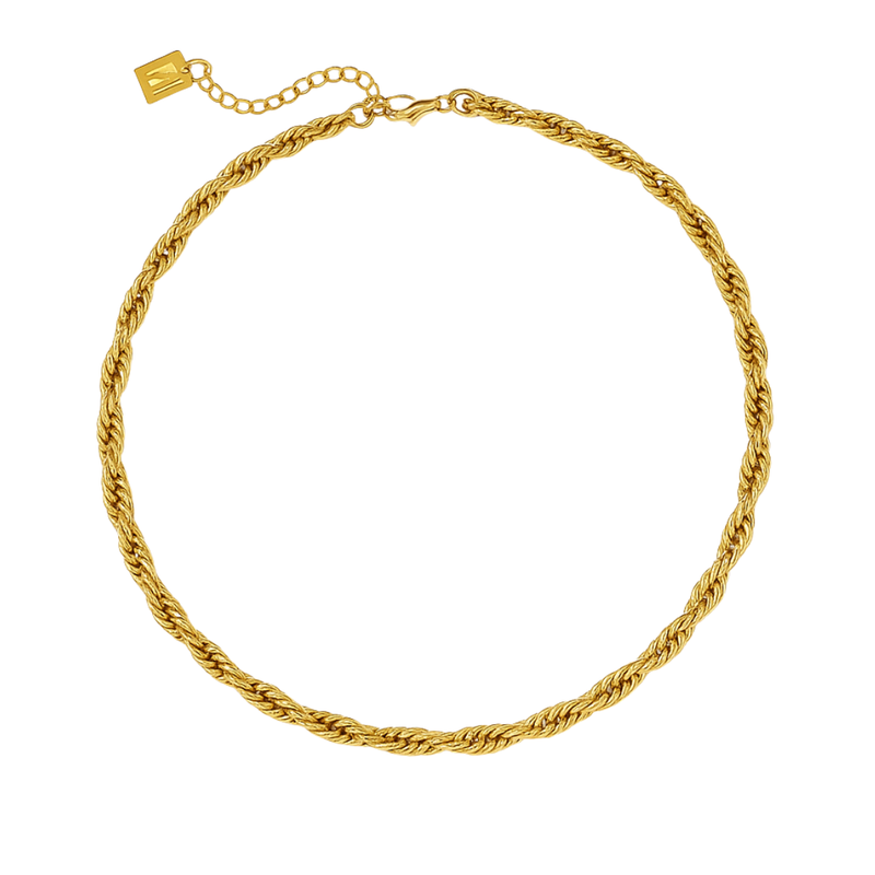 Gold 2.9mm rope chain necklace in stainless steel with 16-inch length and extender, shown in a looped position on white background.